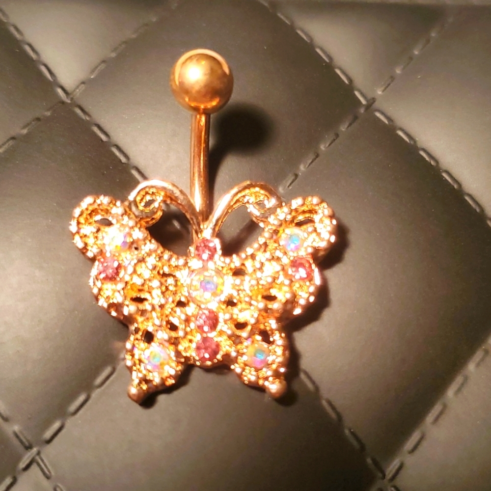 18k Gold toned Stainless steel Belly button ring  jeweled butterfly 🦋
